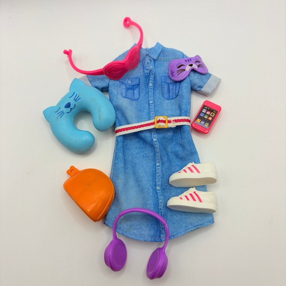 Barbie Mattel Travel Fashion Dress Up Accessories Set Blue Denim Dress Sneakers